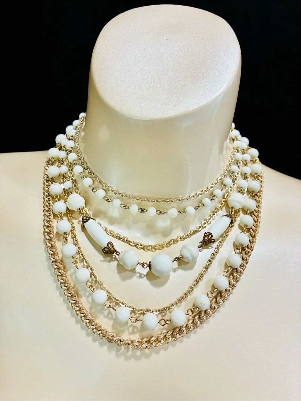 Signed Multi-Strand White Bead and Gold Chain Statement Necklace MCM Retro EUC